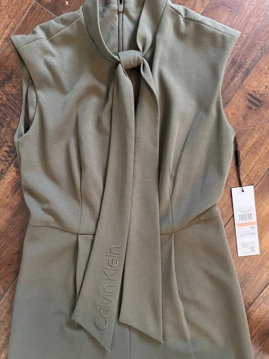 Calvin Klein Olive Green Sleeveless Tie-Neck Wide-Leg Jumpsuit - Picture 4 of 4